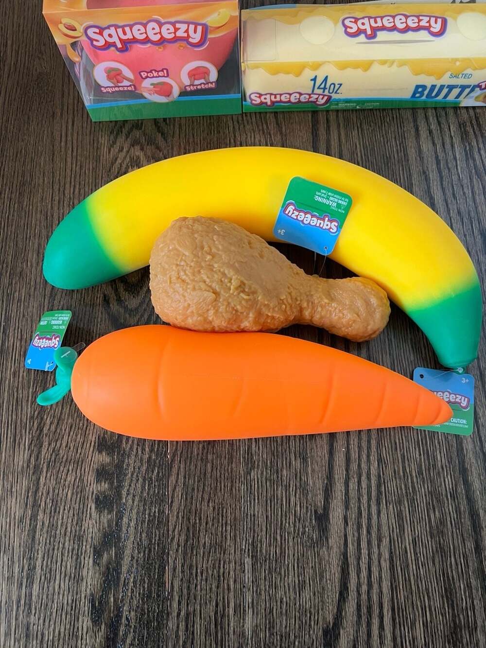 Squeeezy Sensory Squishy Toy Bundle (Banana, Carrot, and Fried Chicken Leg)